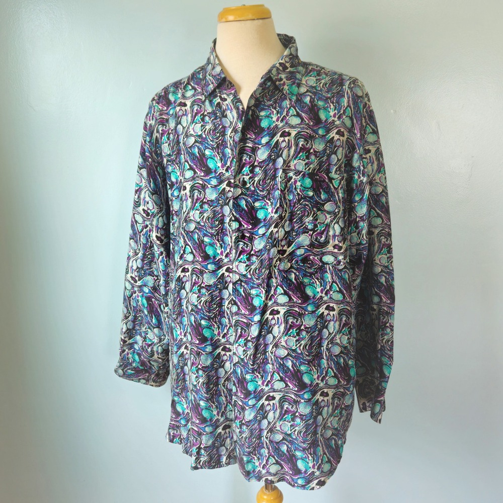 On The Brink Mens XL Silk Shirt Purple Teal Marbled Psychedelic Print 90s Vtg
